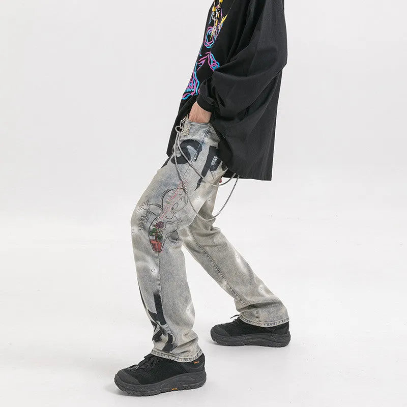 Men's grey cotton jeans trousers, sizes S to XXL, with waist, hip and length measurements in cm.