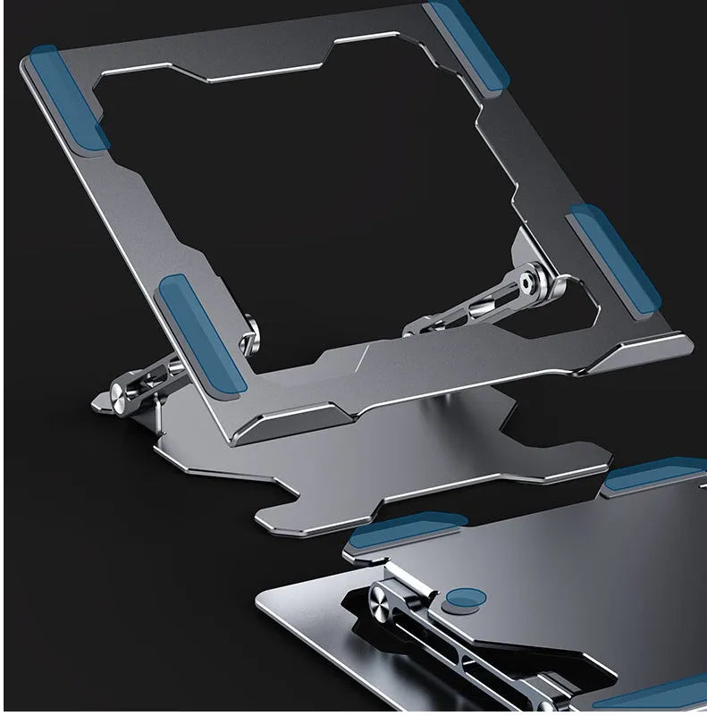 Grey aluminium laptop stand with adjustable angle, folded flat next to a laptop.