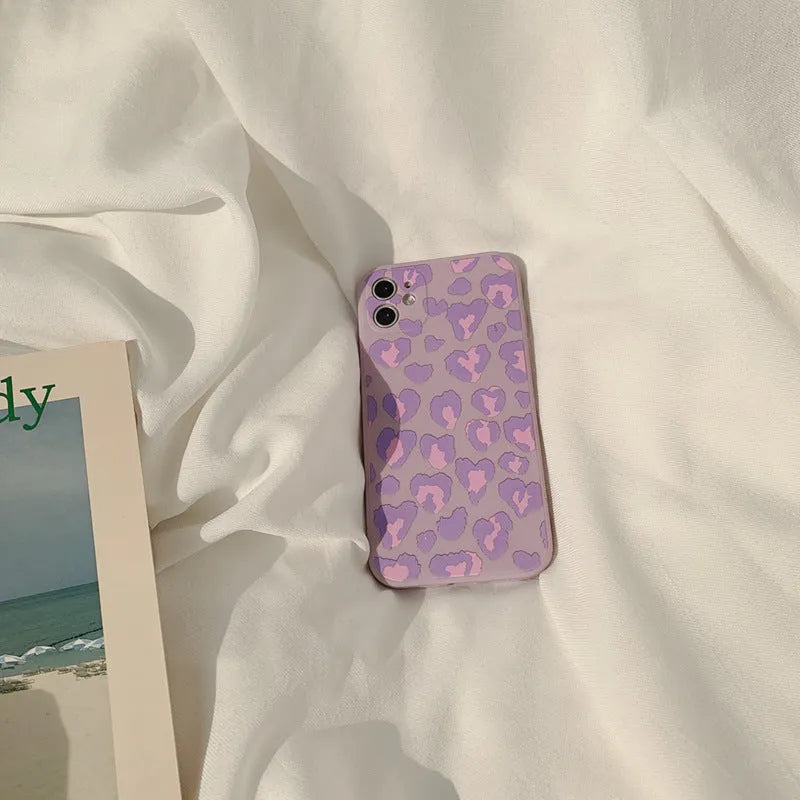 Frosted silicone Apple iPhone back cover in Purple Leopard, painted finish, fits models 7 to 13 Pro.