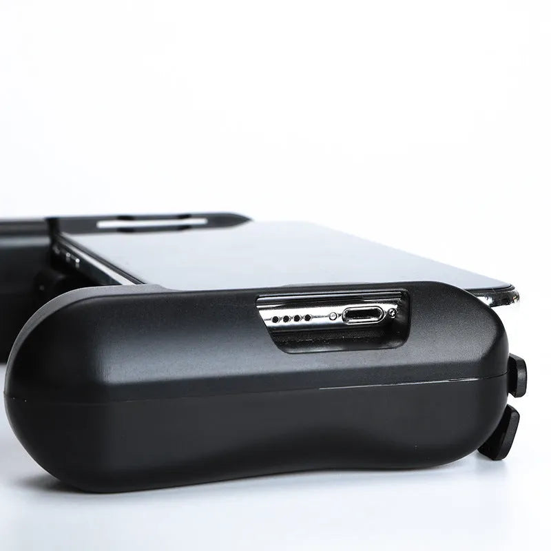 Black Bluetooth cooling game controller for iPhone, showing handheld design.