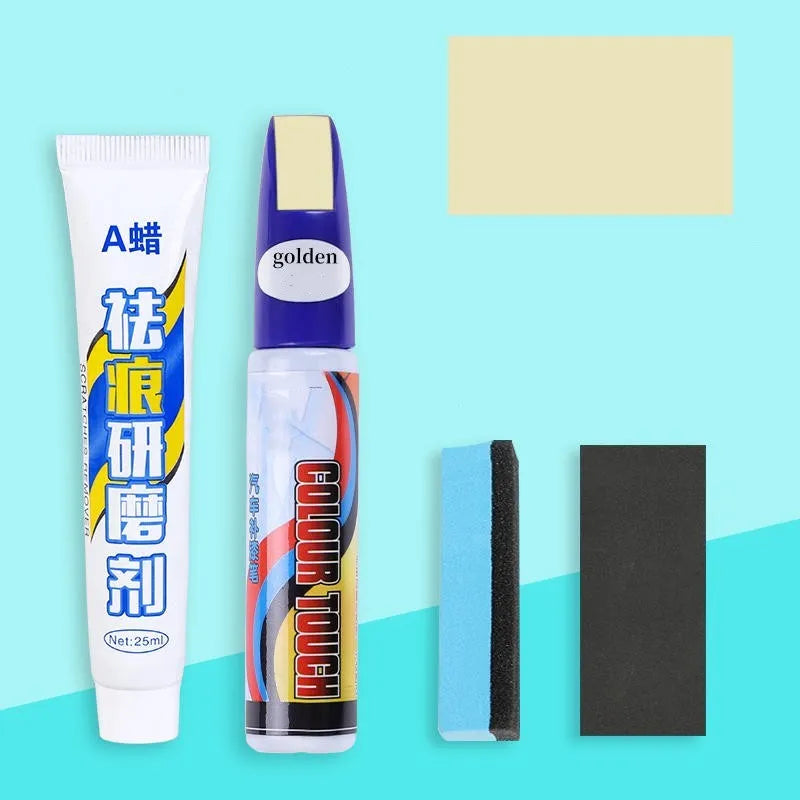 Automotive paint repair pen kit with touch-up paint, wax, sponge, and sandpaper for car scratches