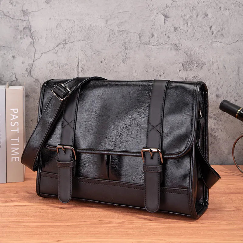 Black Korean style men's commuter backpack with decorative stitching and anti-theft features