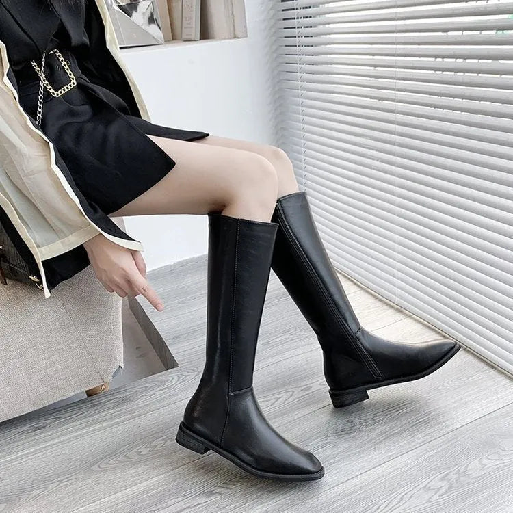 Women's thick heel over the knee knight boots in black artificial PU with car suture detail