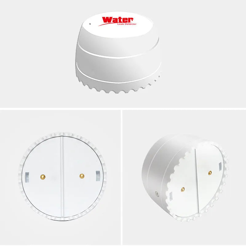 White WiFi smart leakage alarm with buzzer placed on a floor for water overflow detection