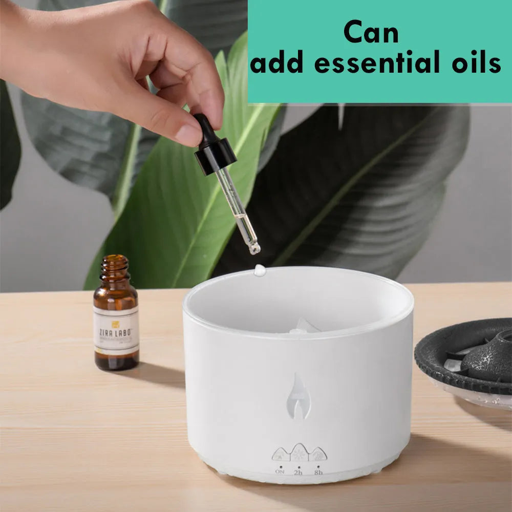 Black columnar ultrasonic essential oil humidifier diffuser with flame and jellyfish effects, 350ml, three fog outlets, 36dB quiet