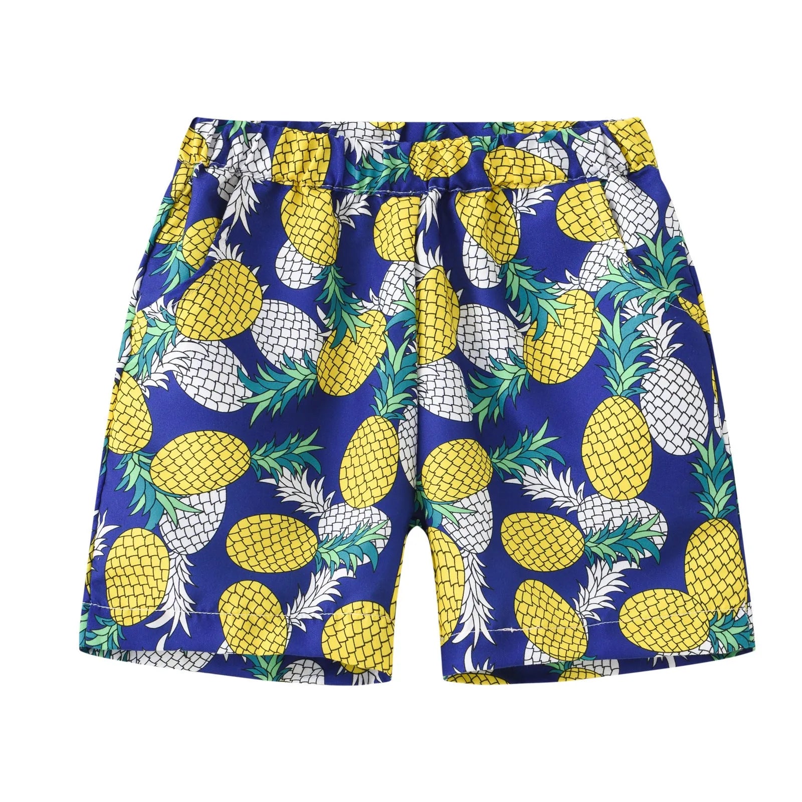 Children's elastic waist beach shorts with colourful coconut tree print, shown in shorts length.