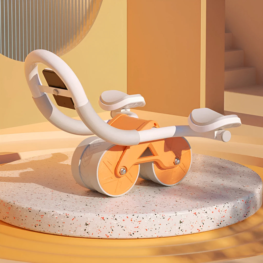 Orange abdominal wheel fitness equipment on a flat surface with rebound mechanism