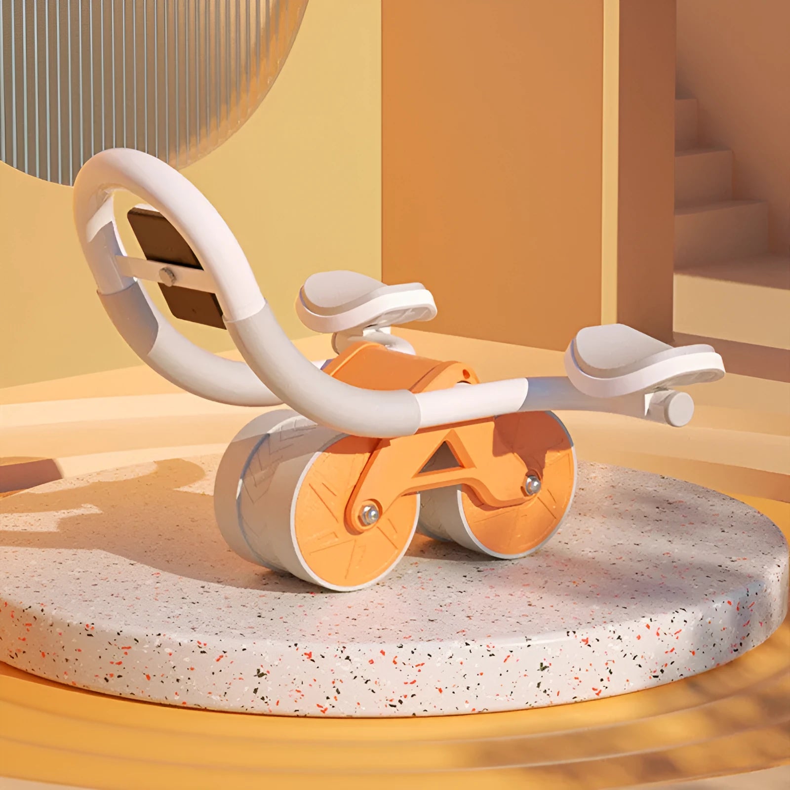 Orange abdominal wheel fitness equipment on a flat surface with rebound mechanism