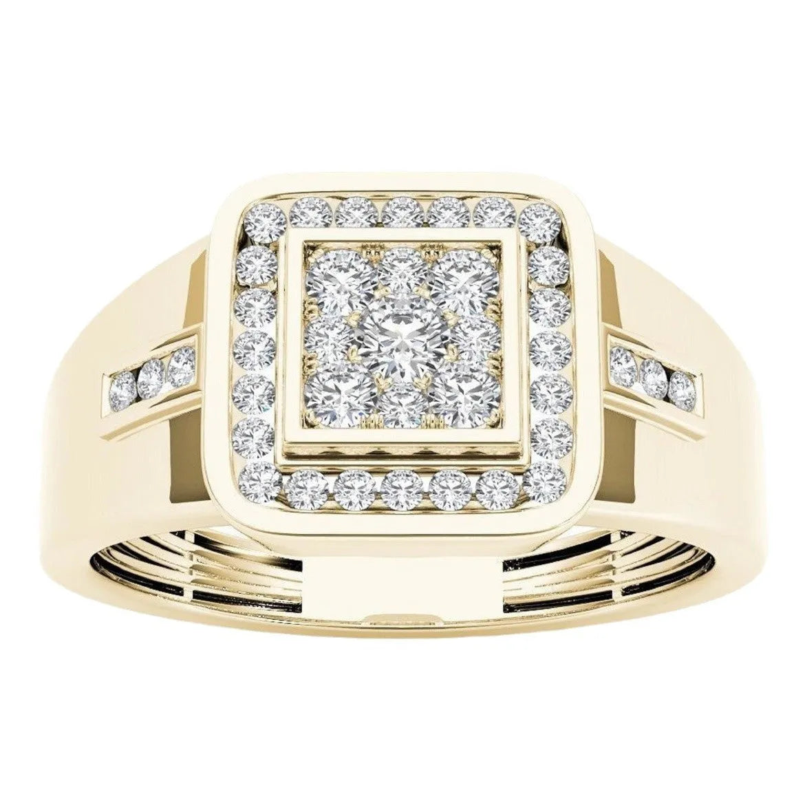 Gold plated men's alloy geometric ring on a light background