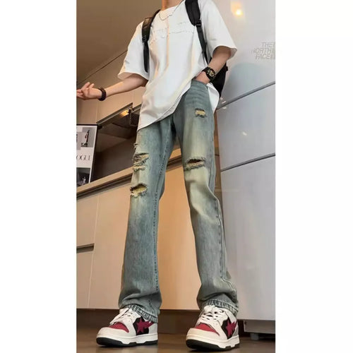 American V retro tattered jeans in blue cotton denim loose fit straight leg for women