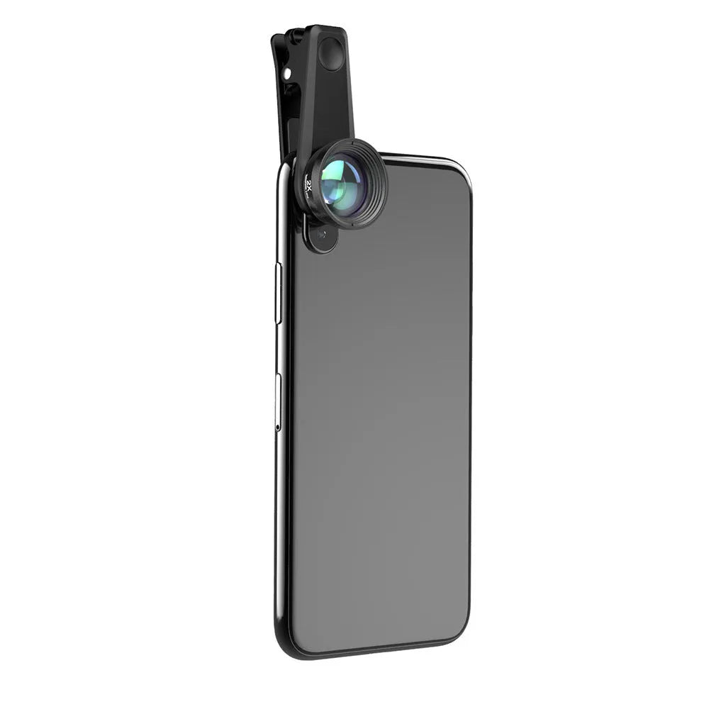 Black 6-in-1 smartphone camera lens kit with fisheye, macro, wide-angle, telephoto, CPL and star filters, case, and universal clip.