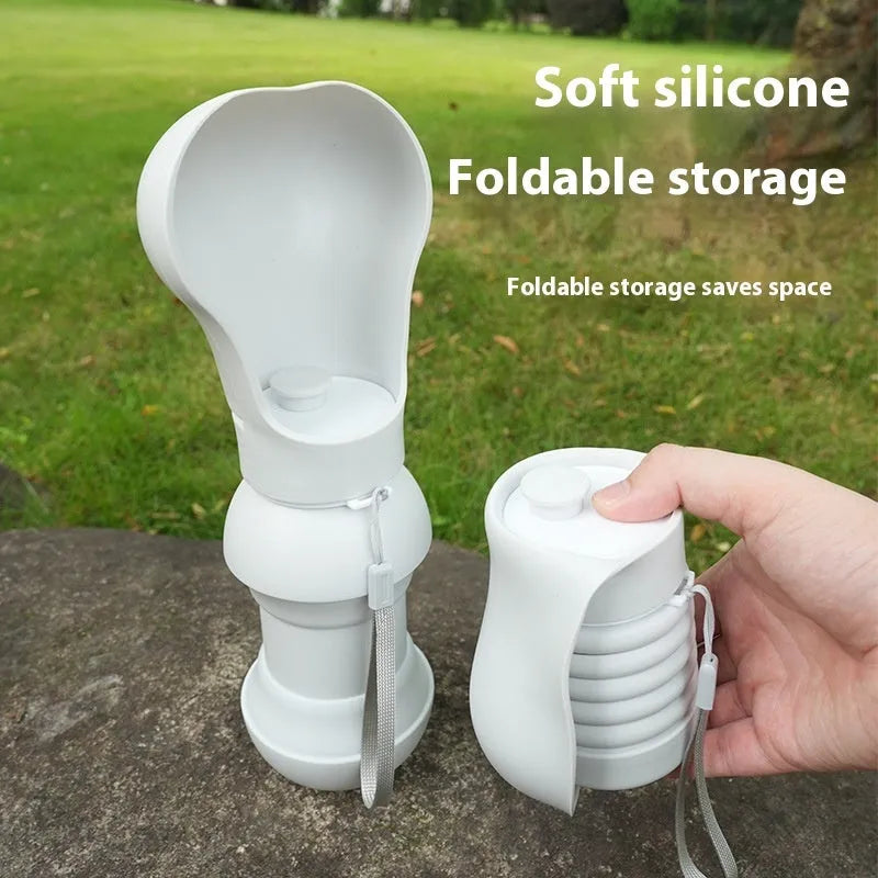Folding silicone pet drinking cup shown collapsed and expanded for portable outdoor use