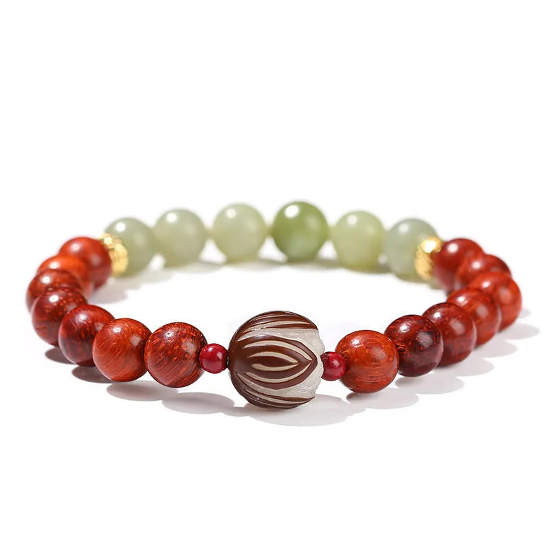 Red rosewood and gray jade Bodhi Lotus bracelet with geometric round beads.