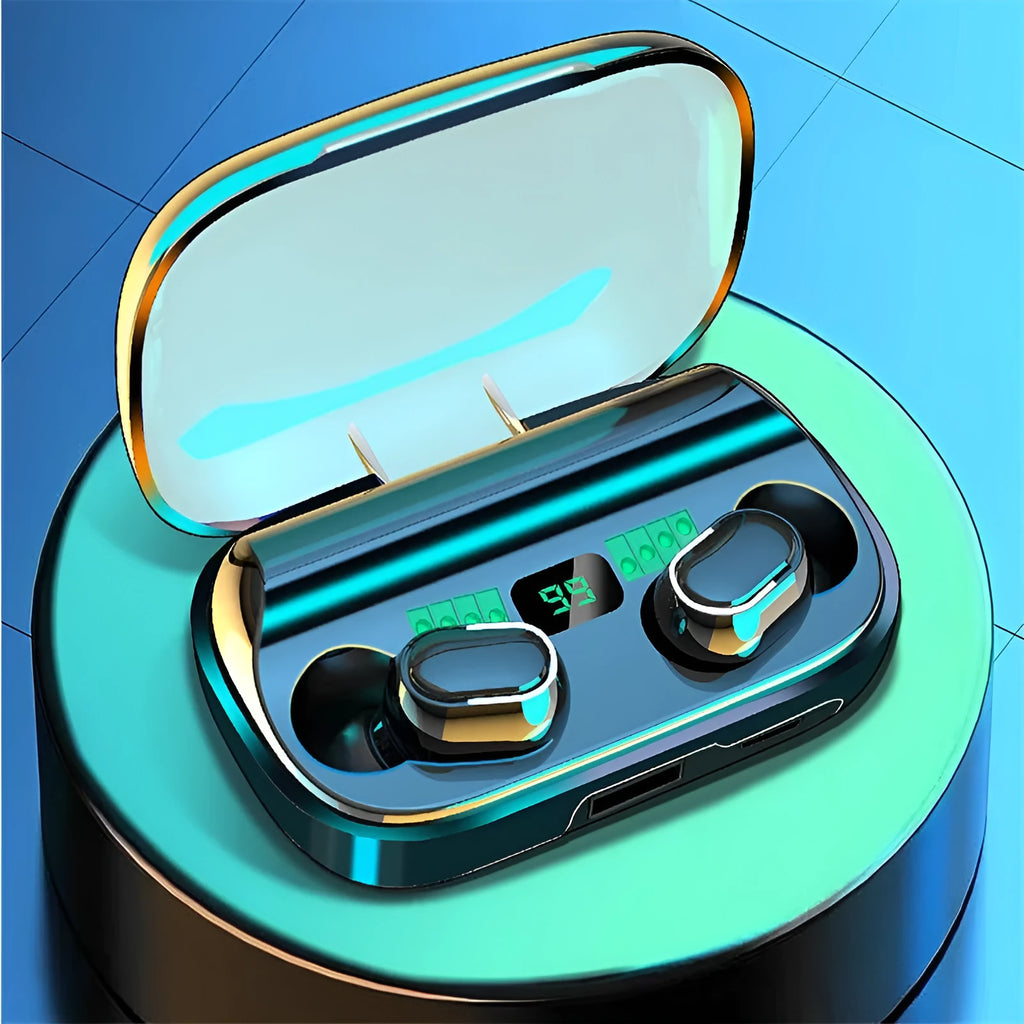 Black TWS digital display XT01 Bluetooth earphones with charging case showing battery percentage on screen.