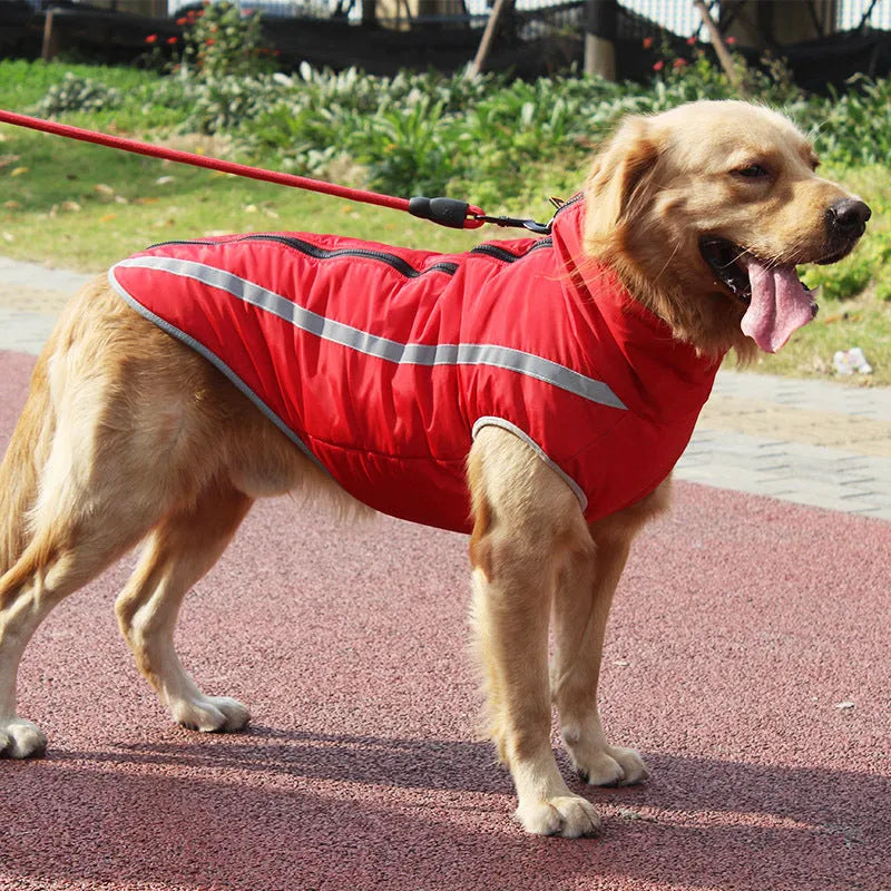 Thickened reversible dog jacket in polyester polar fleece, windproof winter pet coat in blue, red, rose red, or yellow, sizes XL to 6XL.