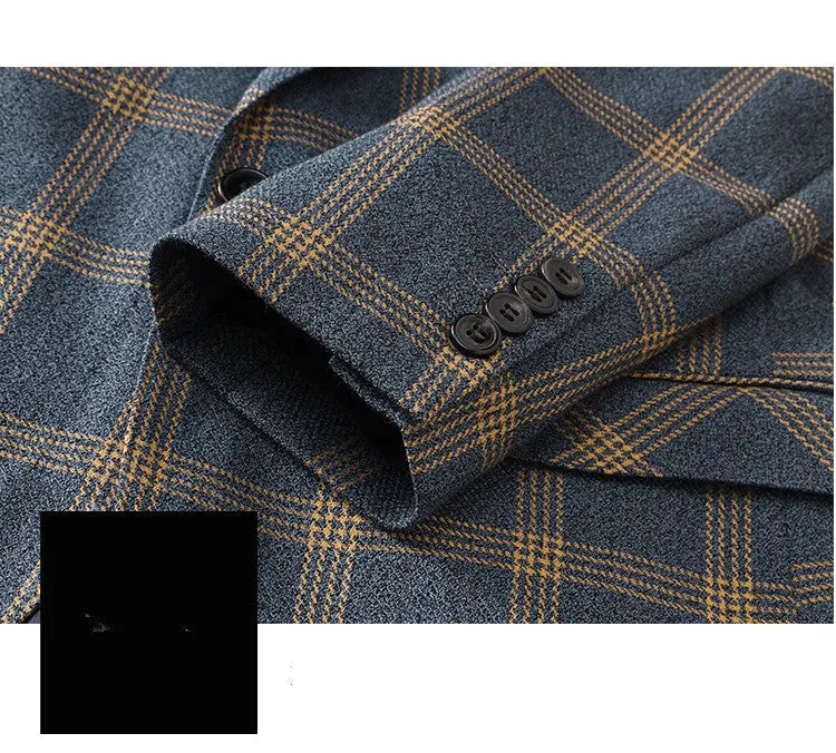 Men's yellow check three-piece business wedding suit set with vest, trousers, and coat