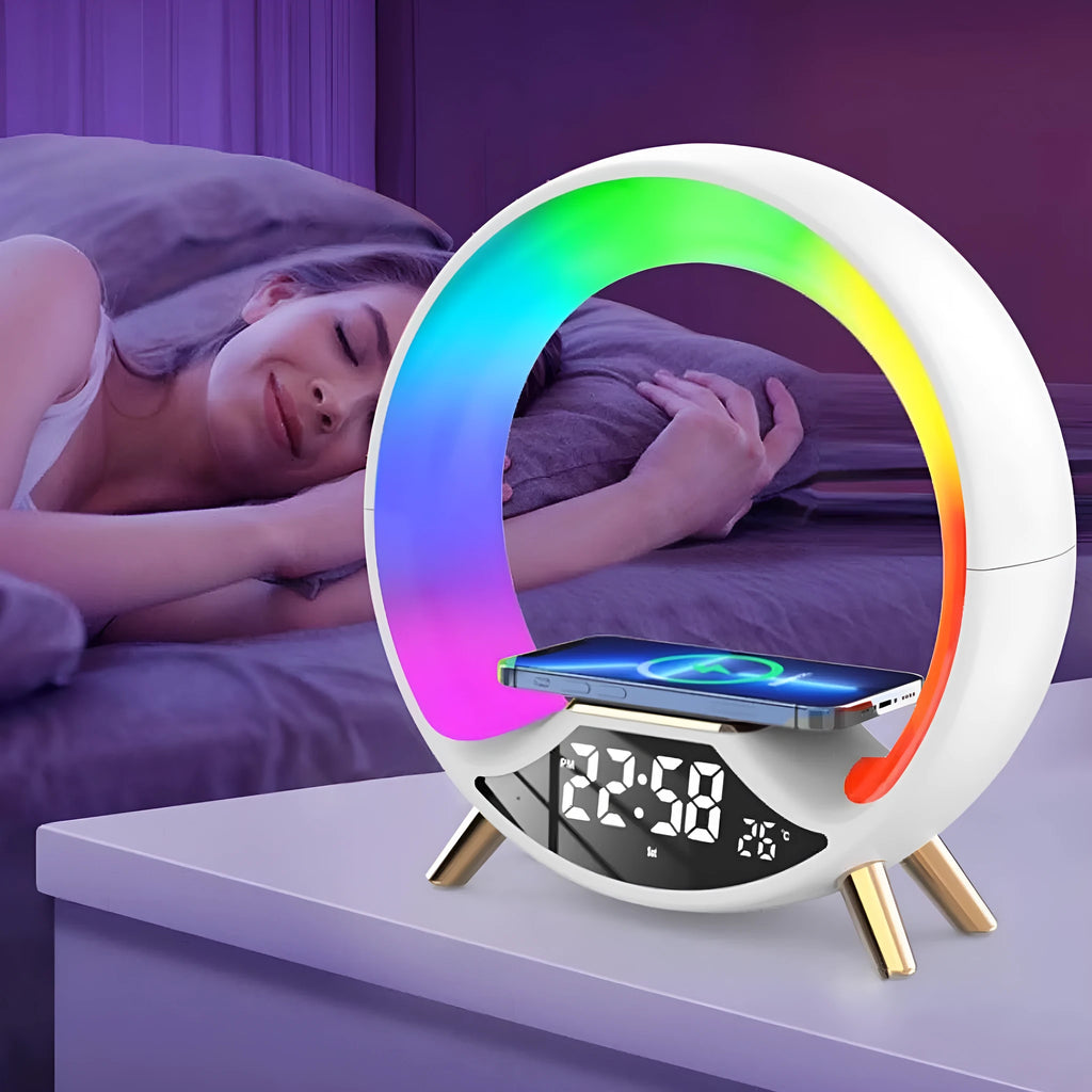 LED Colourful Music Atmosphere Clock in black, a wireless charging night light with Bluetooth speaker and digital display.