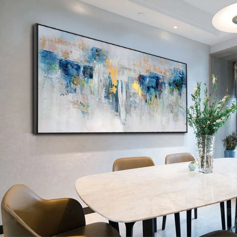 Handmade blue and gold abstract landscape oil painting on rolled unstretched canvas, one horizontal panel, unframed
