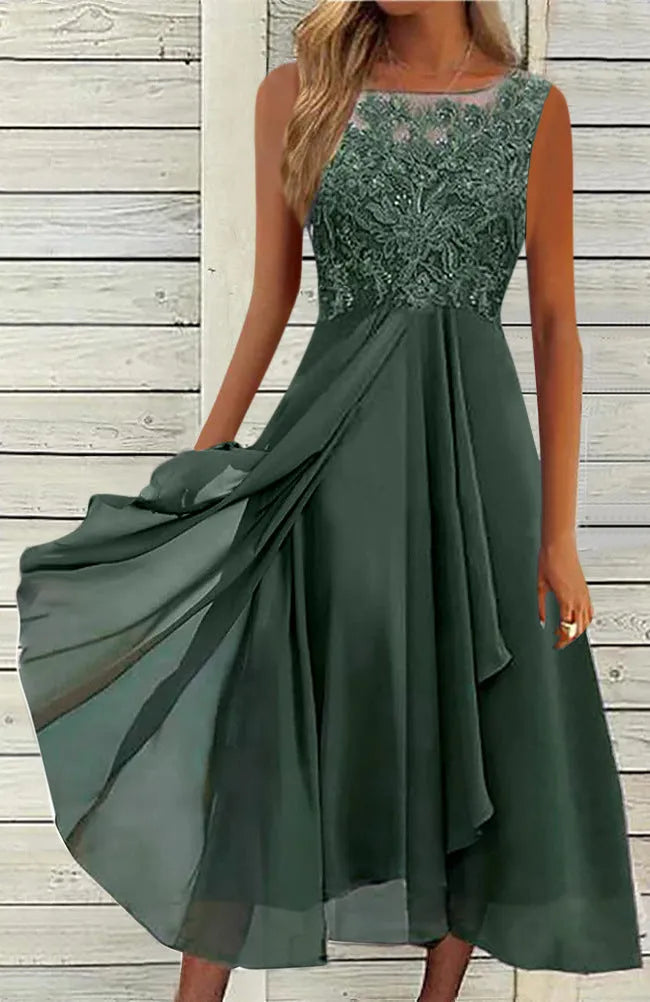 Women's sleeveless chiffon dress with lace hollow-out stitching in blue, green, or purple.