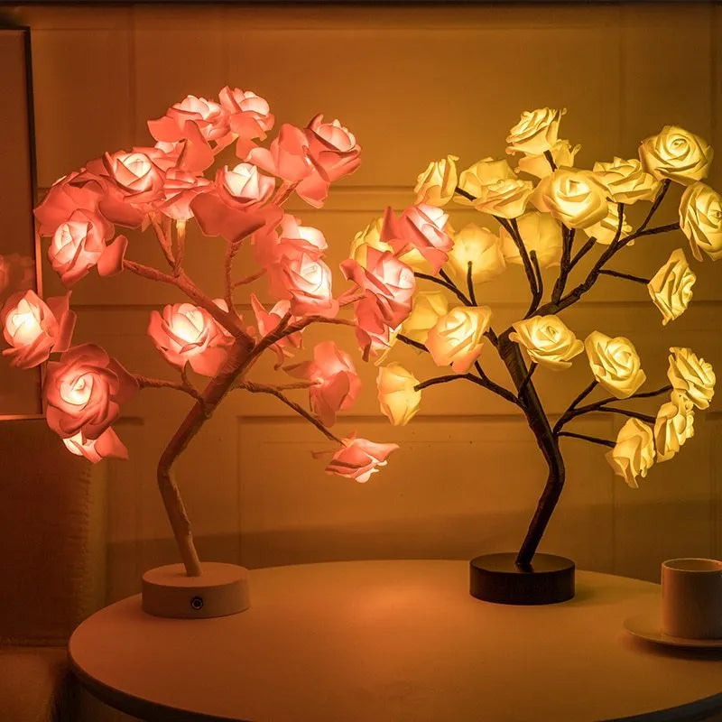 White and red PE cotton rose flower lamp with warm white LED lights on a table, with battery and USB power options.