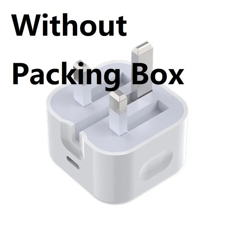 White 20W USB-C Power Delivery fast charger with British plug and coiled USB-C cable.