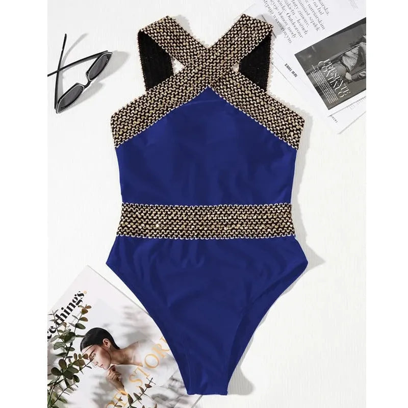 Solid colour one piece swimsuit in blue with built-in chest pad, polyester fabric, front view
