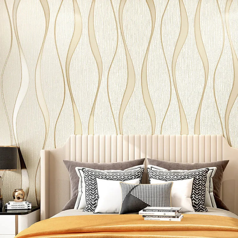Close-up of dark brown 3D striped wallpaper with thick deerskin velvet texture.