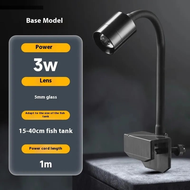 Mini LED aquarium light with clip and base mounting options for 15-40cm fish tanks.
