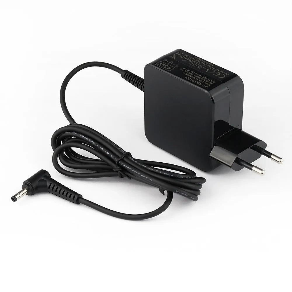 Black Hua 45W laptop adapter with American DC connector showing dimensions