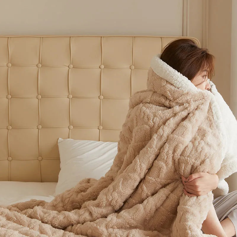 Double bed winter thermal flannel blanket in beige colour showing thickened texture and modern simplicity design