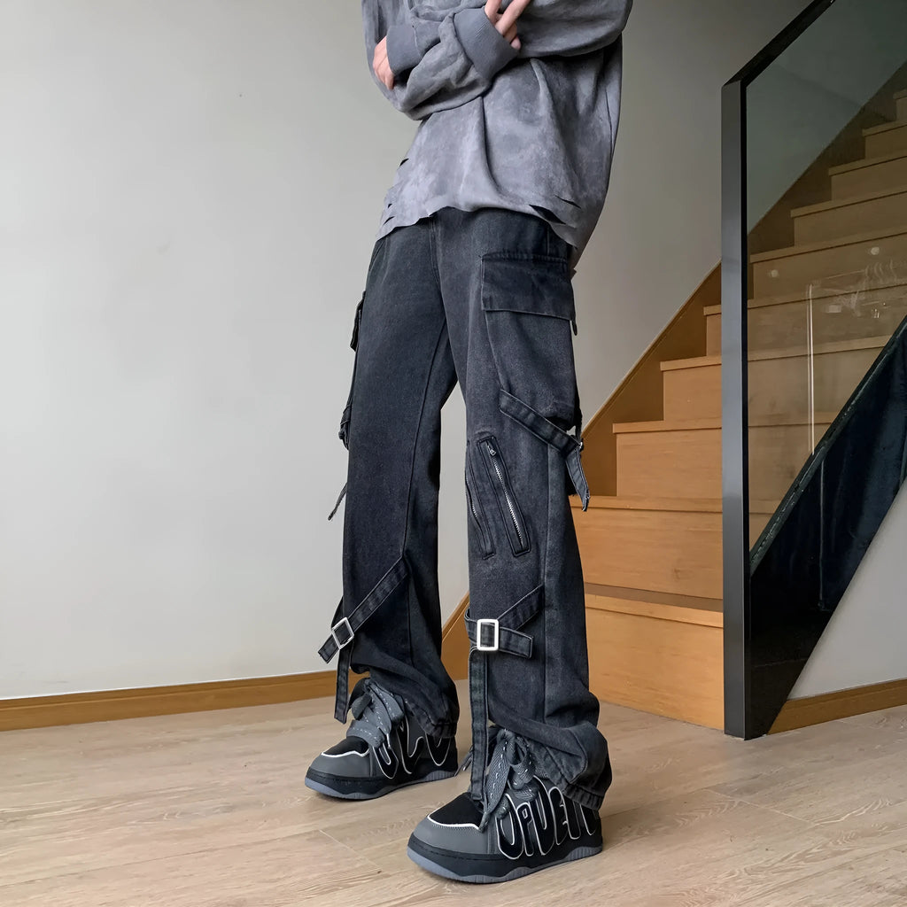 Men's loose-fit black jeans with zip and lace-up front, mid waist and long pant length