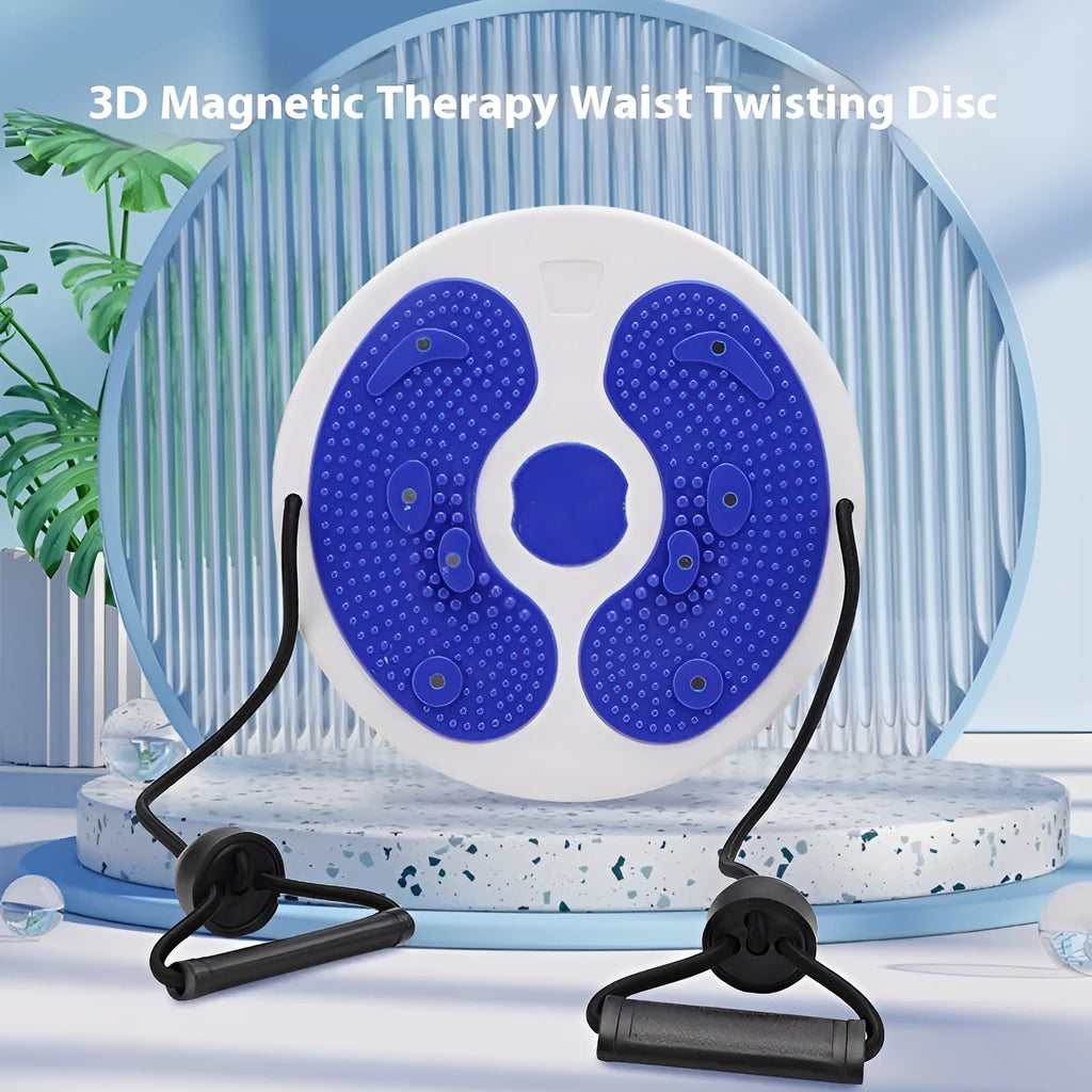 Blue twisting abdominal disc with rope on flat floor for home waist exercise and body shaping