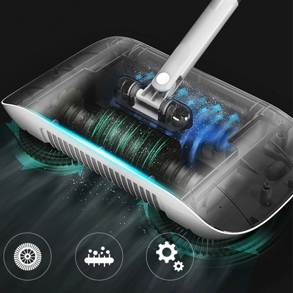 3-in-1 hand push sweeper with 360-degree rotating brush in powder colour, suitable for wood and tile floors