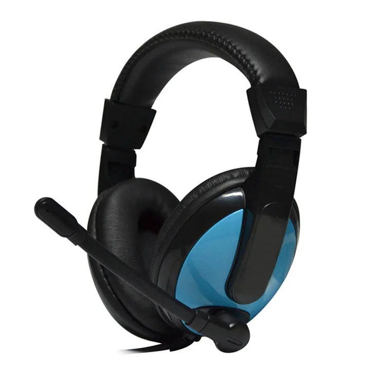 Blue and red wired over-ear gaming headset with 40mm speakers and a boom microphone.
