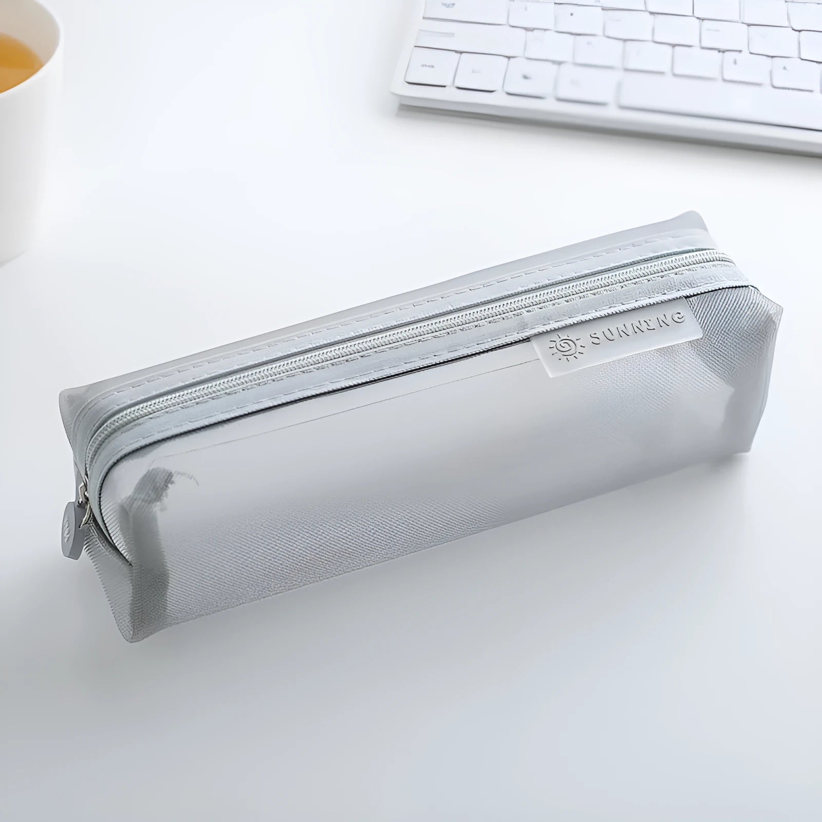 Transparent nylon mesh pencil case in square shape 20.5x6x6.5cm, black zipper closure, large capacity storage