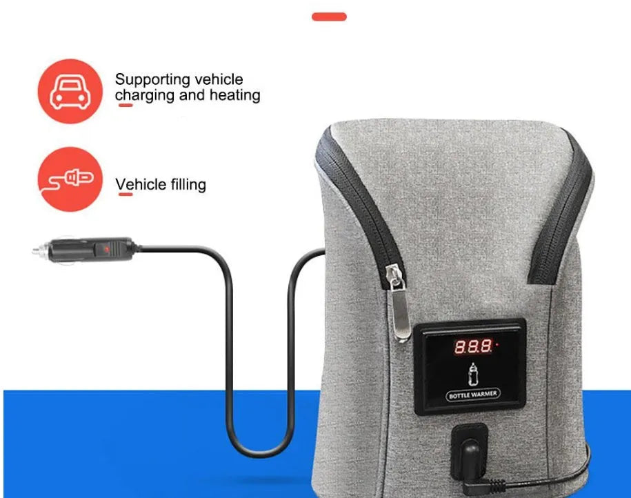 Grey Oxford cloth car USB baby bottle warmer showing temperature display and dual bottle capacity