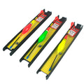 Three vertical fishing floats with wire double hook groups on a grey background
