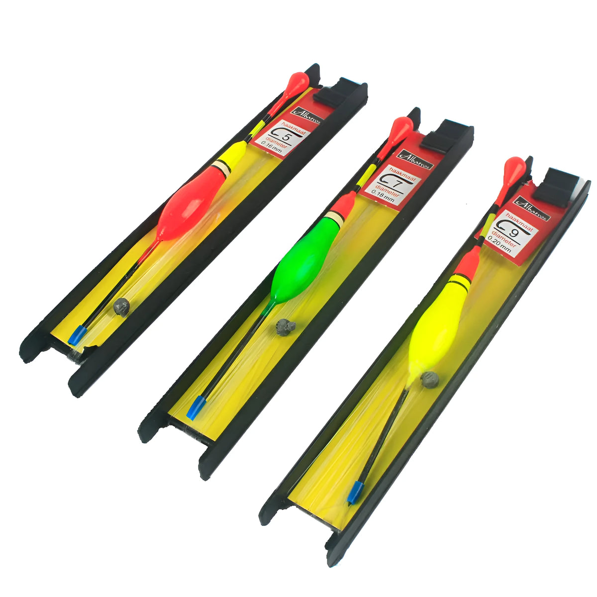 Three vertical fishing floats with wire double hook groups on a grey background