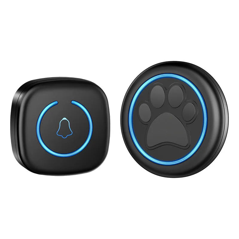 Black and white wireless waterproof pet doorbell with a touch button and plug-in receiver unit.