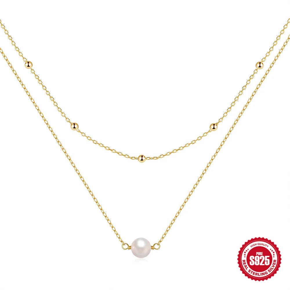 S925 sterling silver double layer necklace with twin pearls in gold or white gold tone