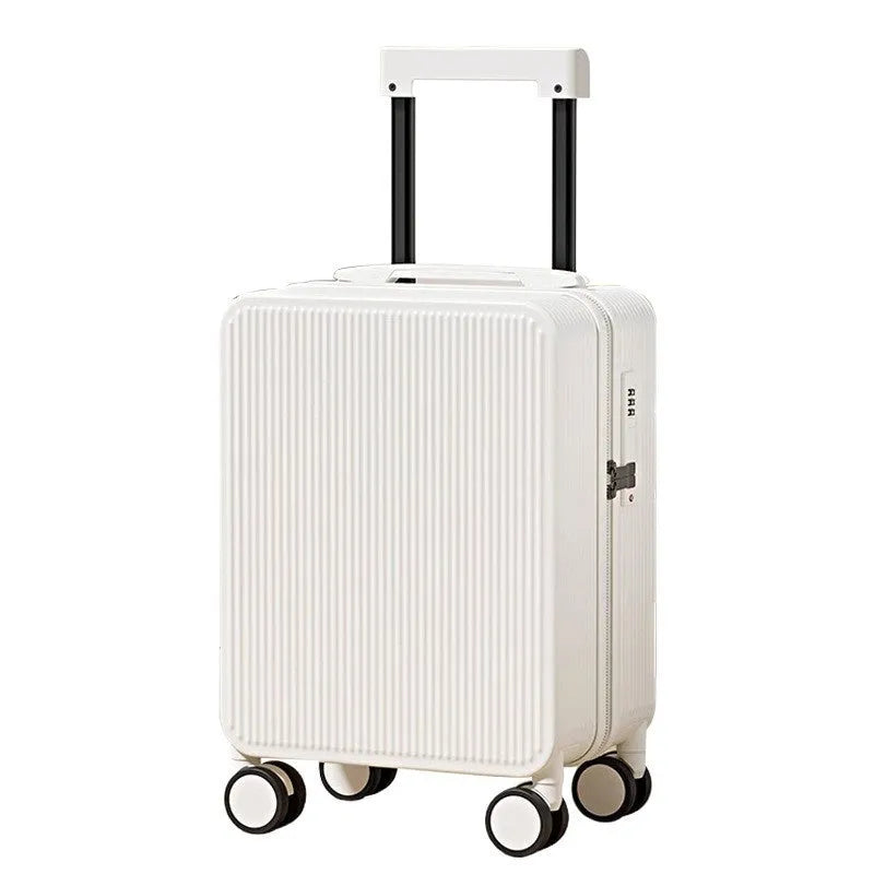 PC hard shell suitcase with universal wheels and zip closure, shown in Moon White, 16-19 inch sizes.