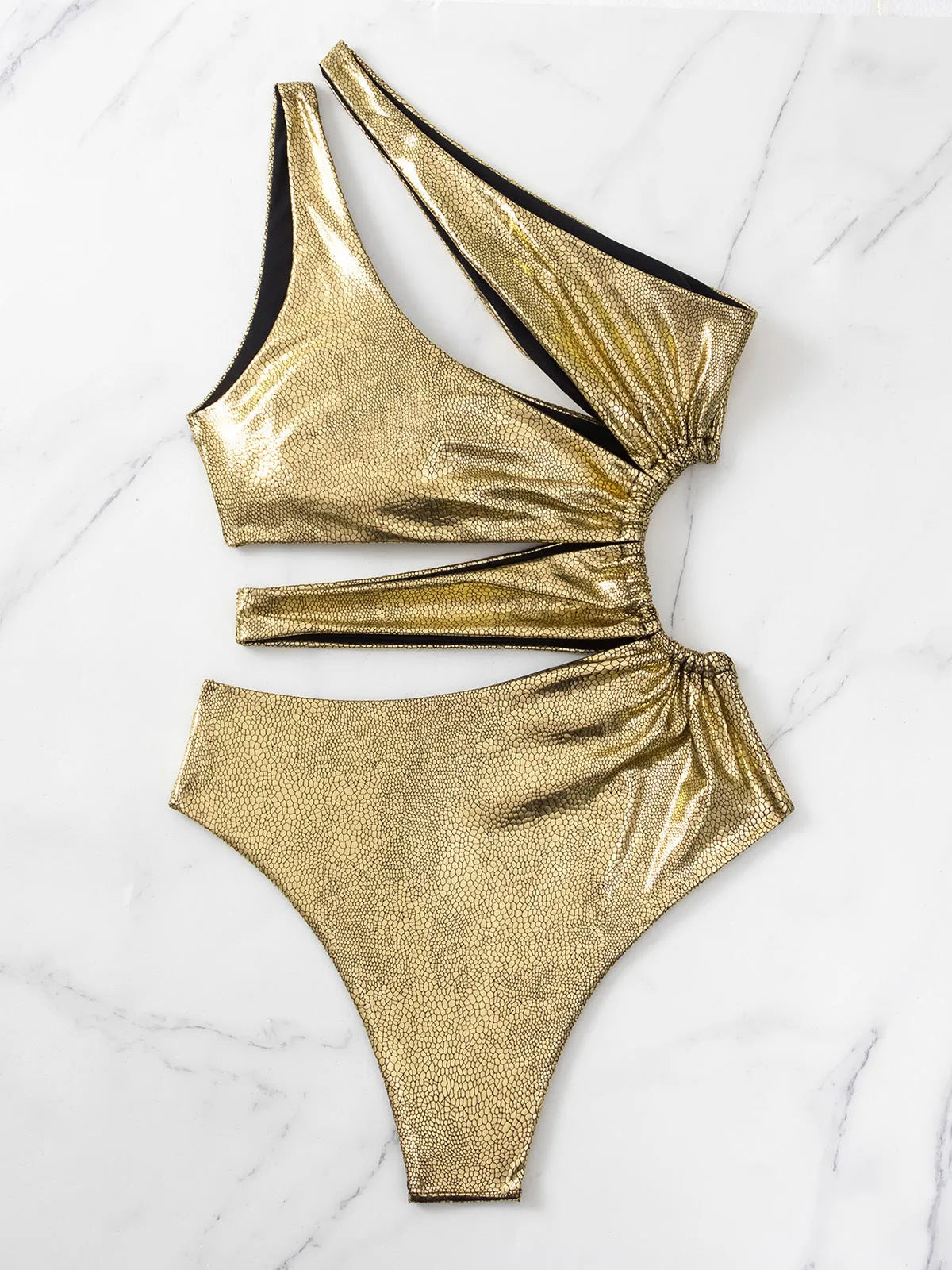 Gold backless one-piece women's swimsuit with high elasticity and spandex lining