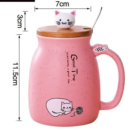 Cartoon cat ceramic mug with wooden lid and metal spoon in pink colour, 450ml capacity