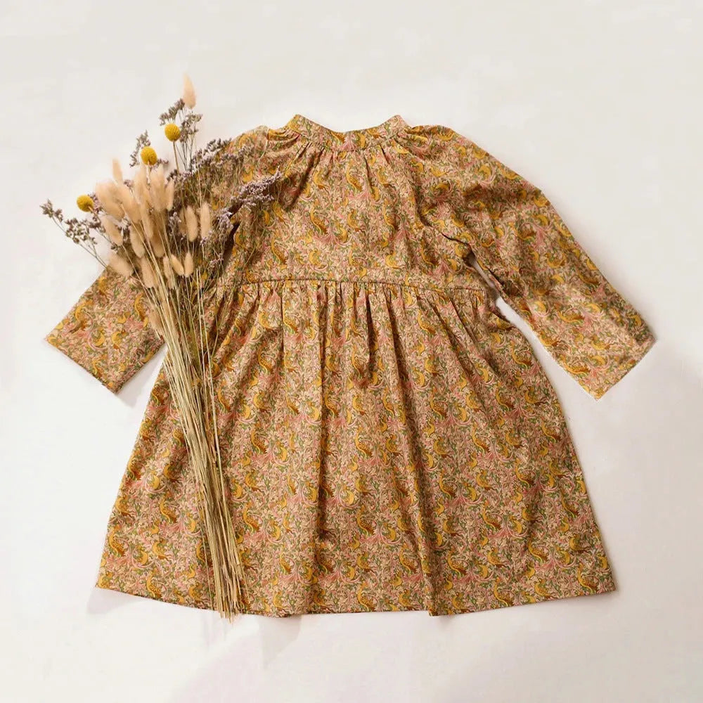 Spring Autumn Korean Style Children's Cotton Linen Printed Dress Long Sleeve Girls Pastoral Dress Suitable Height 80cm 90cm 100cm 110cm 120cm