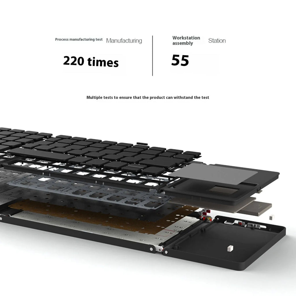 Black tri-fold Bluetooth keyboard showing folded thickness next to tablet for size comparison