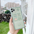 Green TPU iPhone back cover case with geometric smiley face and polka dot frame design.