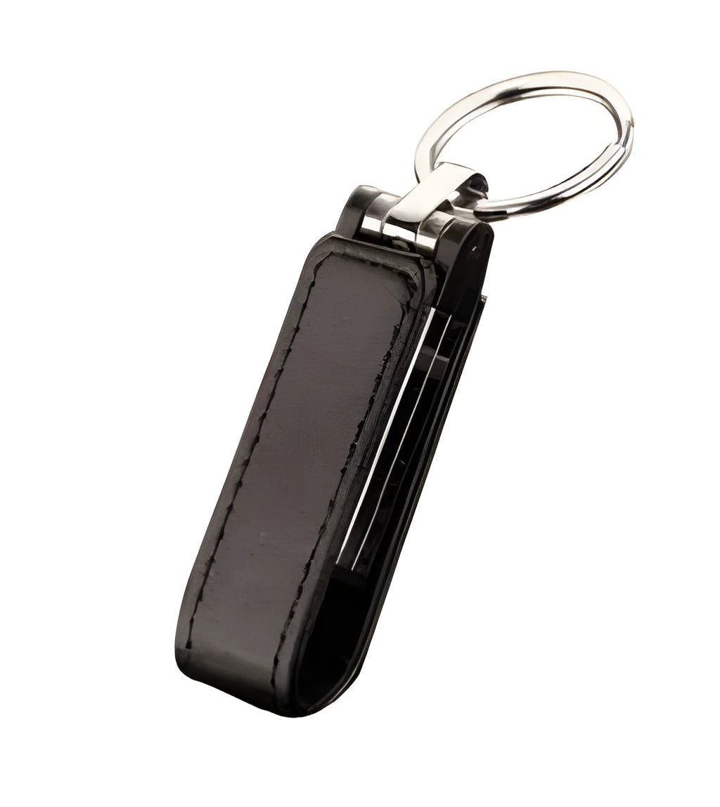 Leather USB 2.0 flash drive keychain in black with 16GB capacity and key ring