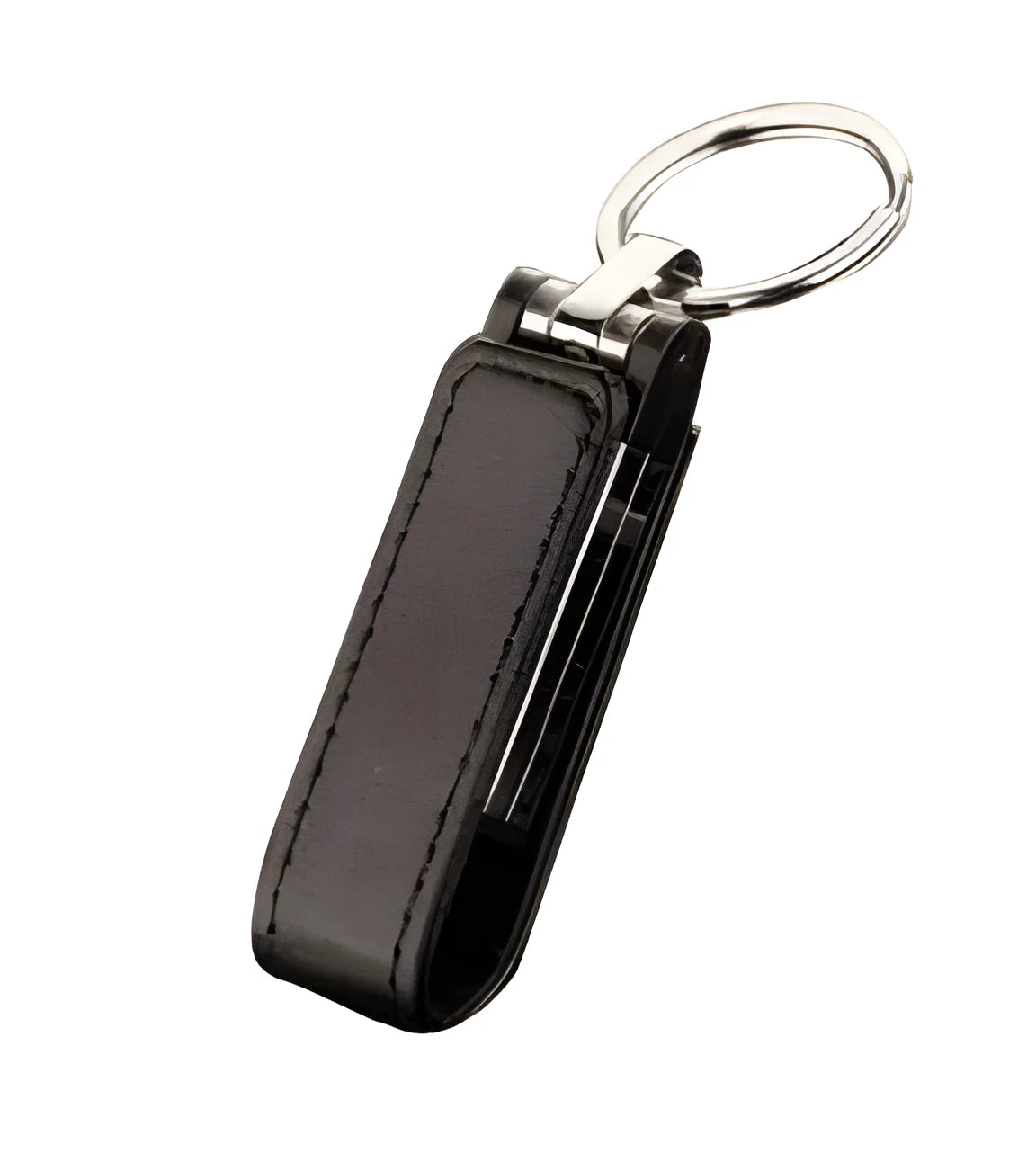 Leather USB 2.0 flash drive keychain in black with 16GB capacity and key ring