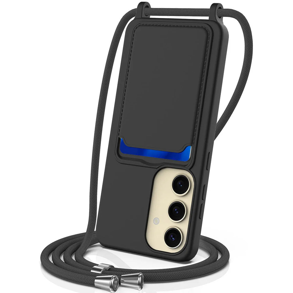 Silicone protective case with lanyard and card holder for Samsung phone, black colour, soft shell design