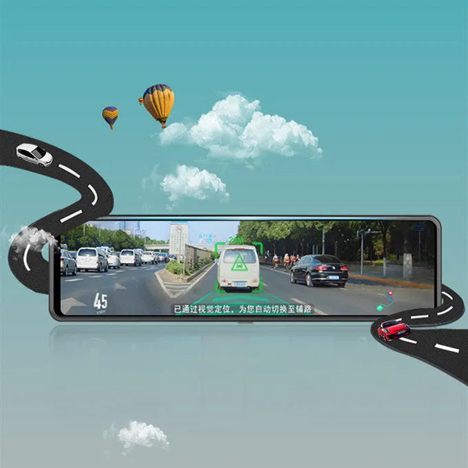Black rearview mirror style dashboard camera with dual lenses for front and rear recording and a touch screen display.